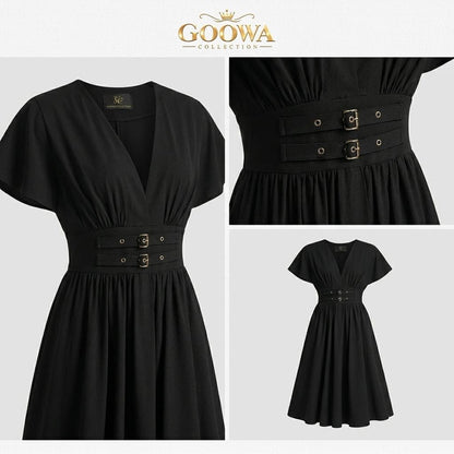 Goowa Élan™ Elegant Waist Belt Midi Dress