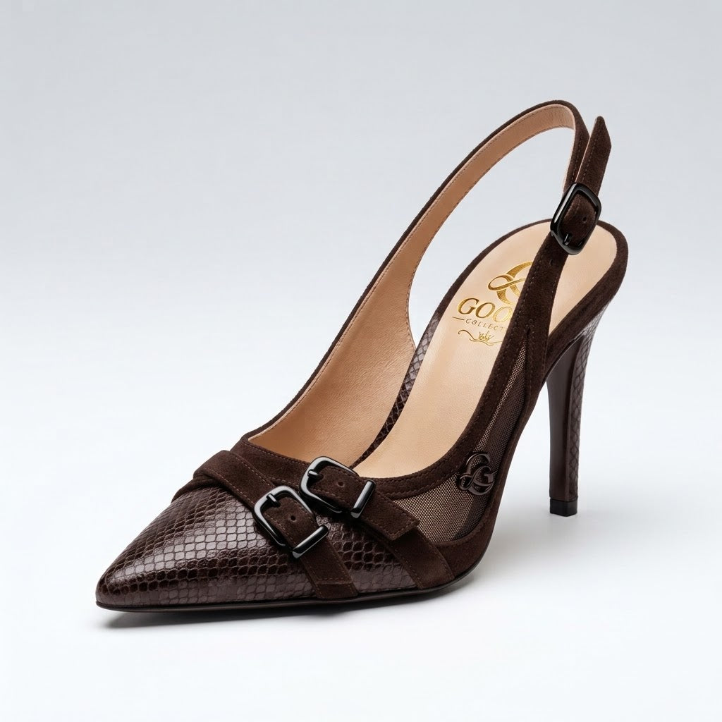 Chocolate Snakeskin &amp; Suede Slingback Pumps