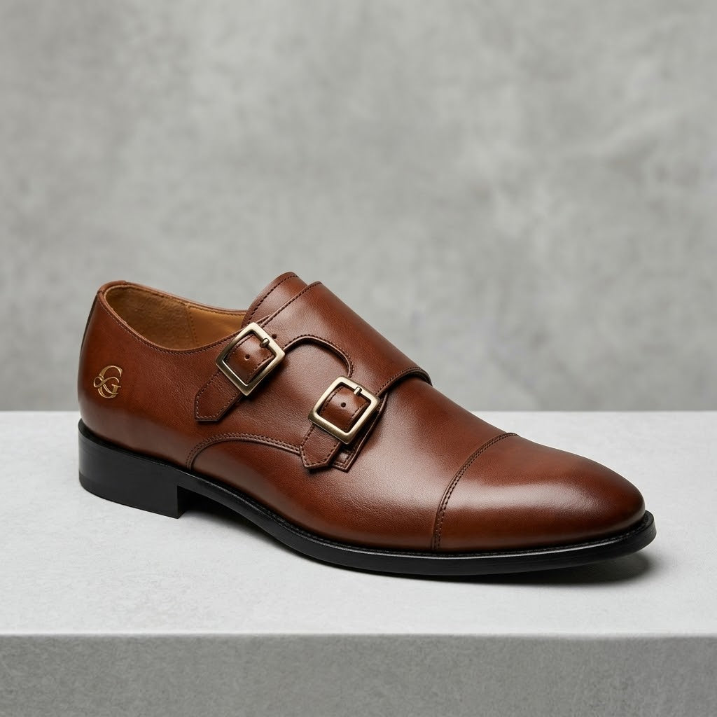 Double Buckle Leather Monk Strap Shoes
