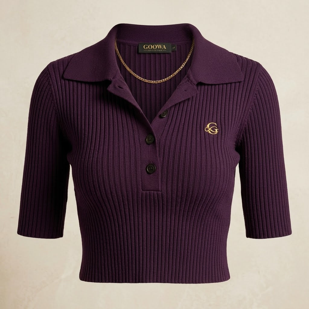 Ribbed Knit Cropped Polo Top