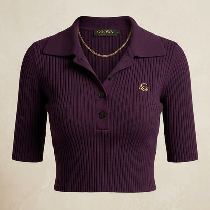 Ribbed Knit Cropped Polo Top